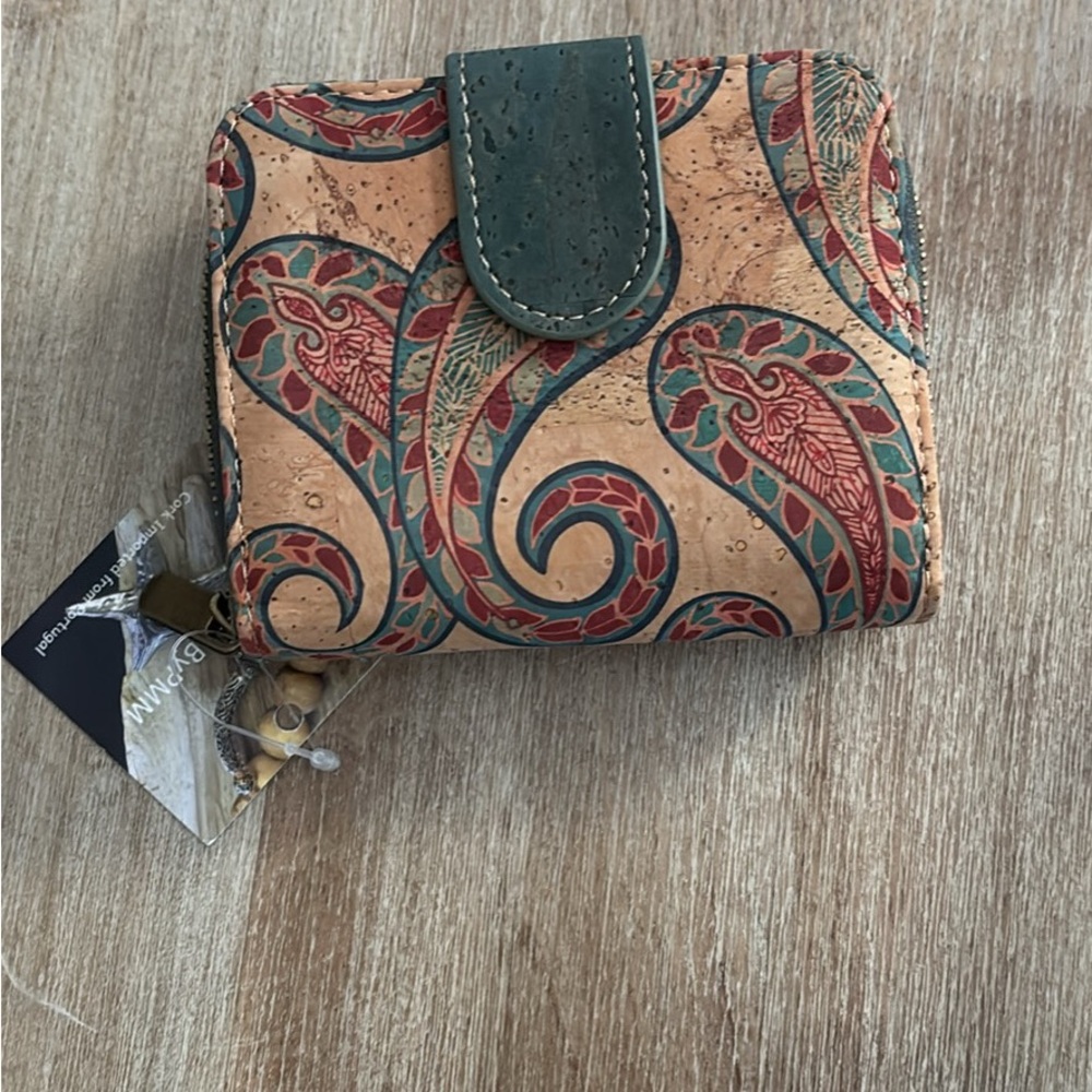 NWT Cork Paisley Print Wallet in Tan and Green